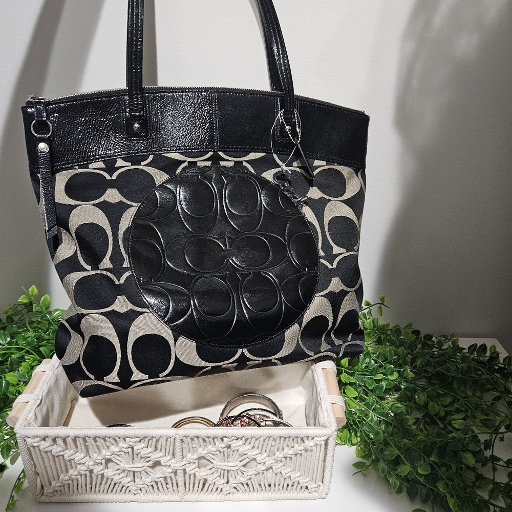 Coach Laura Signature C Tote Black Leather & Canvas Bag